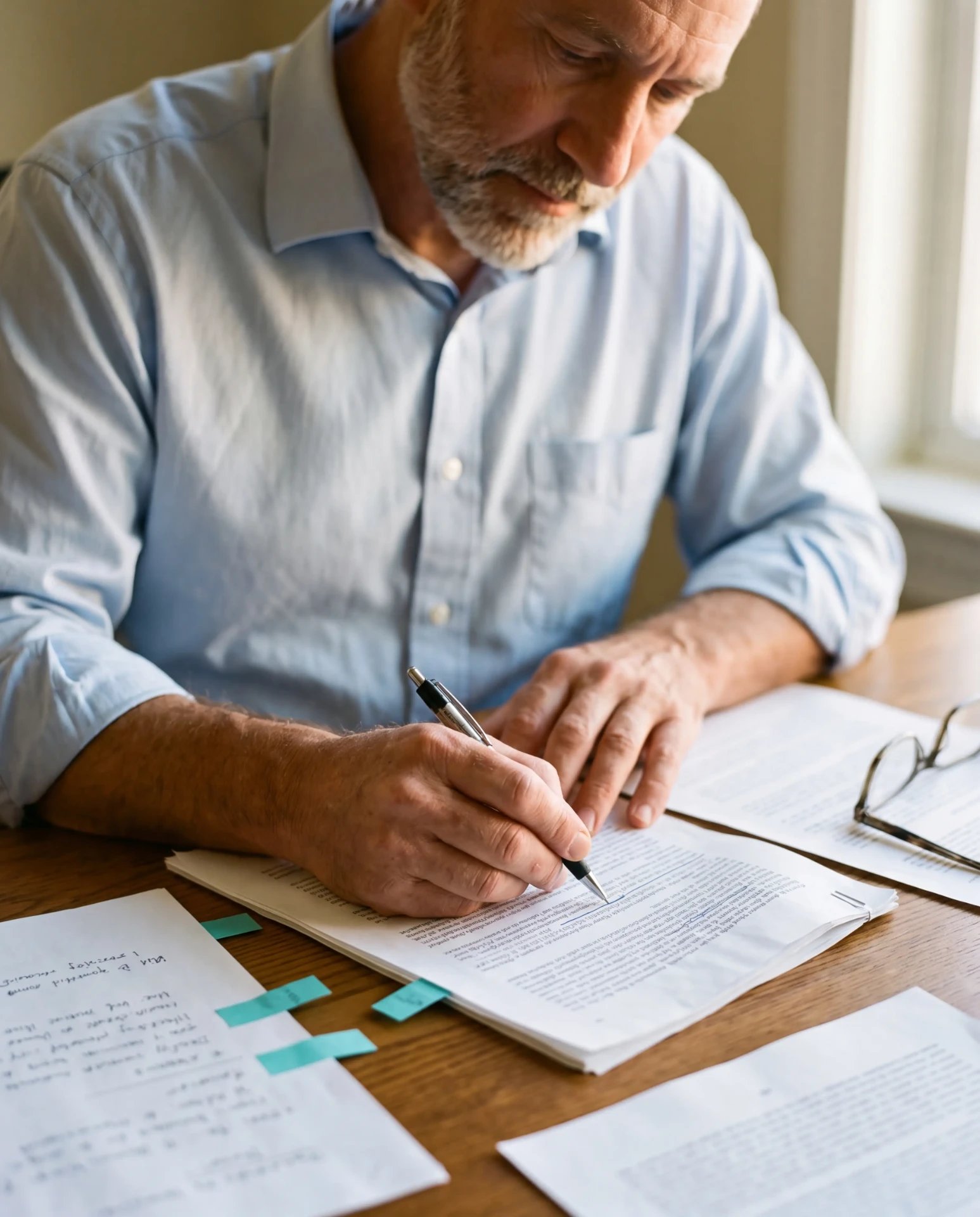 A learner studying printed course notes at a desk