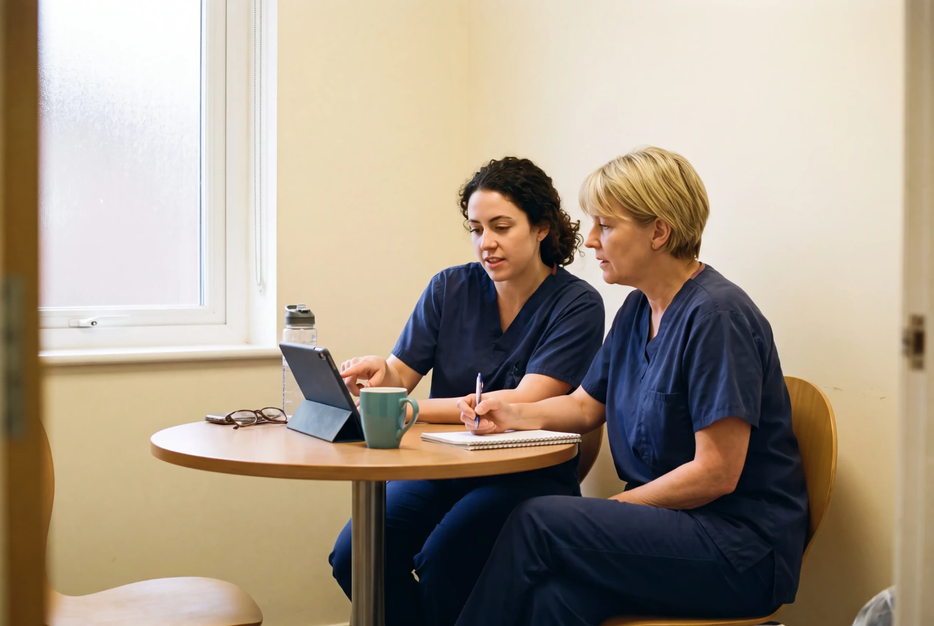 Healthcare professionals reviewing educational material together on a tablet