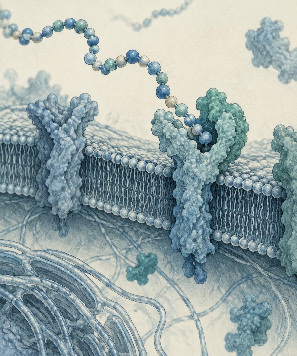 Editorial illustration of a peptide chain binding a membrane receptor protein